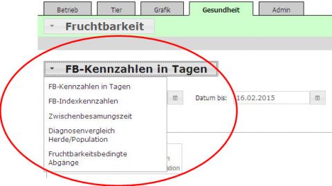 Abbildung: Auswahlmöglichkeiten im Menüpinkt Fruchtbarkeit im Modul Gesundheit